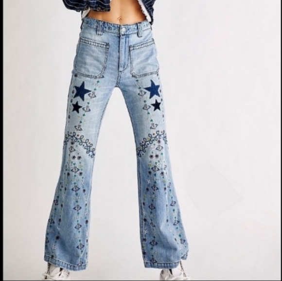 Free People Denim - Free People Delphine High Waist Wide Flare Leg Embroidered Blue Jeans Sz 29